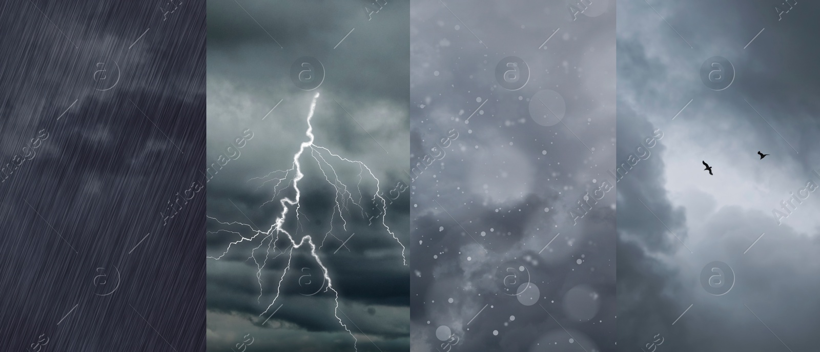 Image of Different weather conditions, banner design. Collage with photos of sky