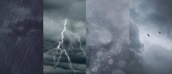 Image of Different weather conditions, banner design. Collage with photos of sky