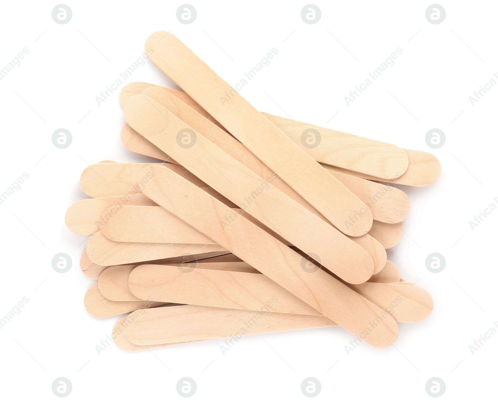 Photo of Disposable wooden spatulas for depilatory wax on white background, top view