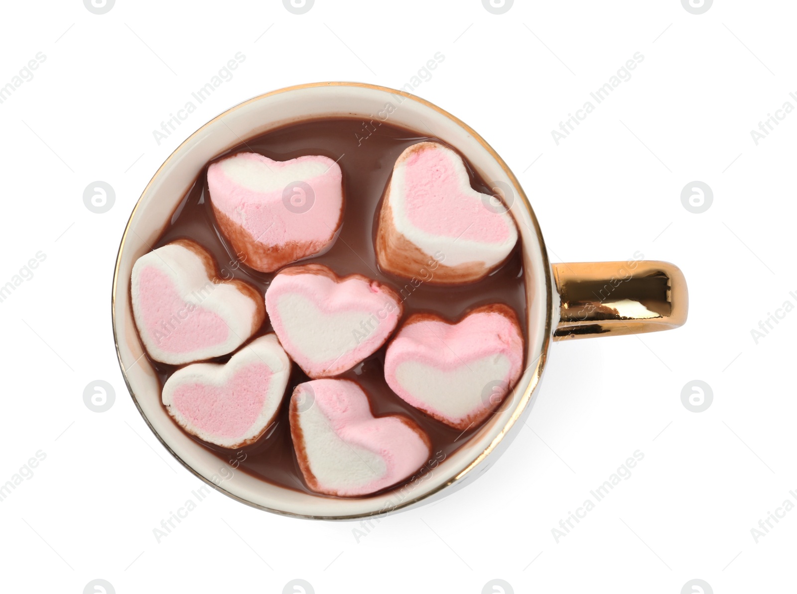 Photo of Cup of delicious hot chocolate with marshmallows isolated on white, top view