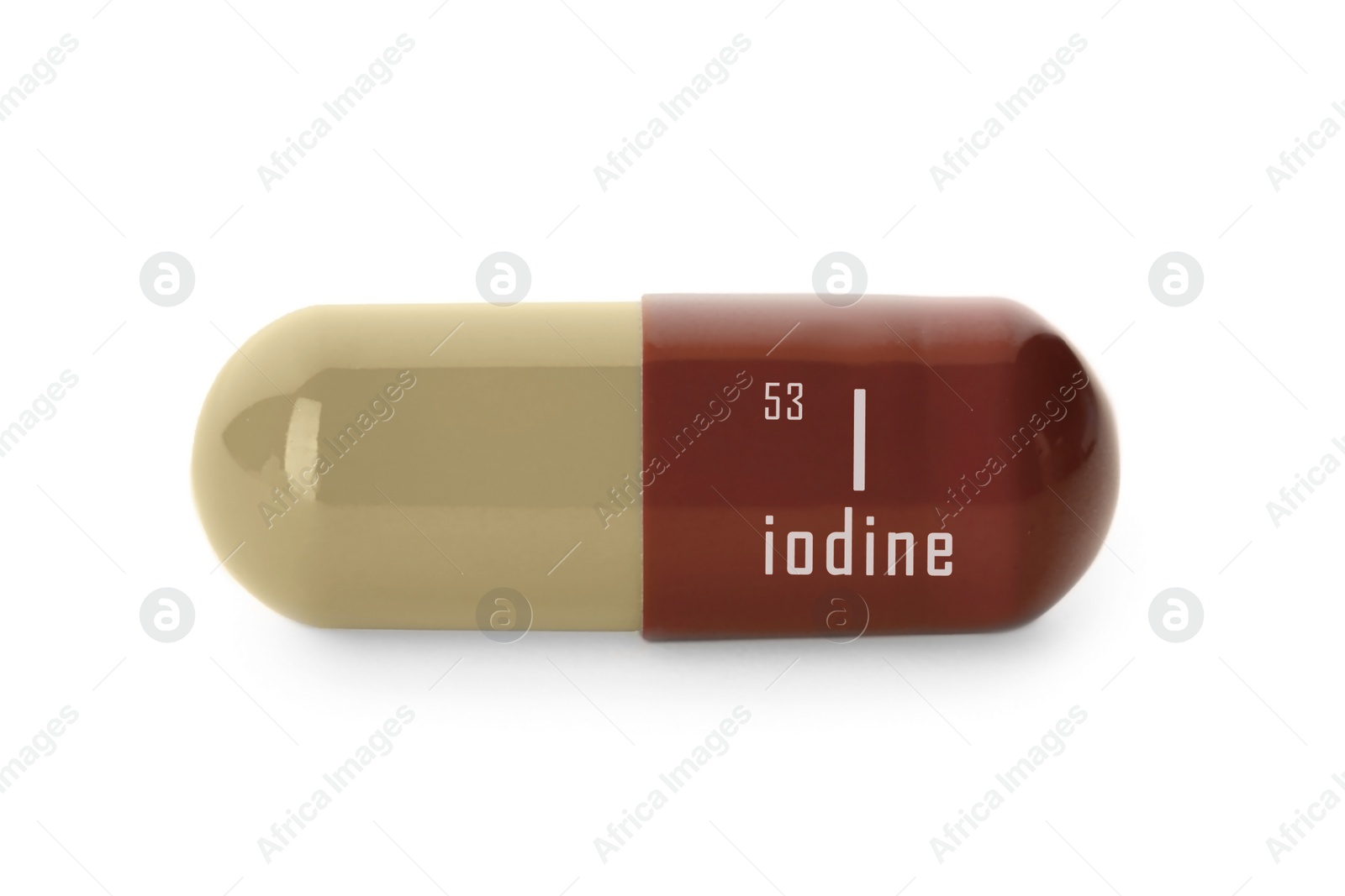 Image of Iodine capsule on white background. Mineral element