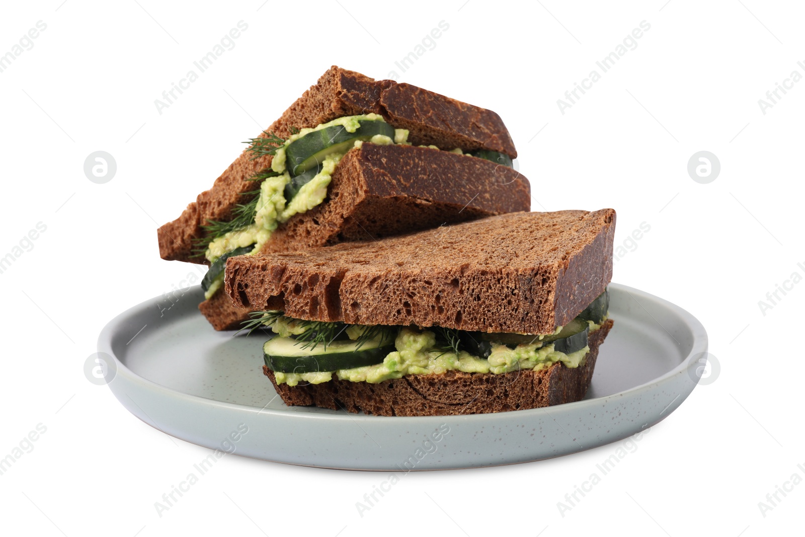 Photo of Tasty sandwiches with cucumber, cream cheese and dill isolated on white