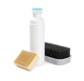 Photo of Shoe care accessories on white background. Footwear clean items