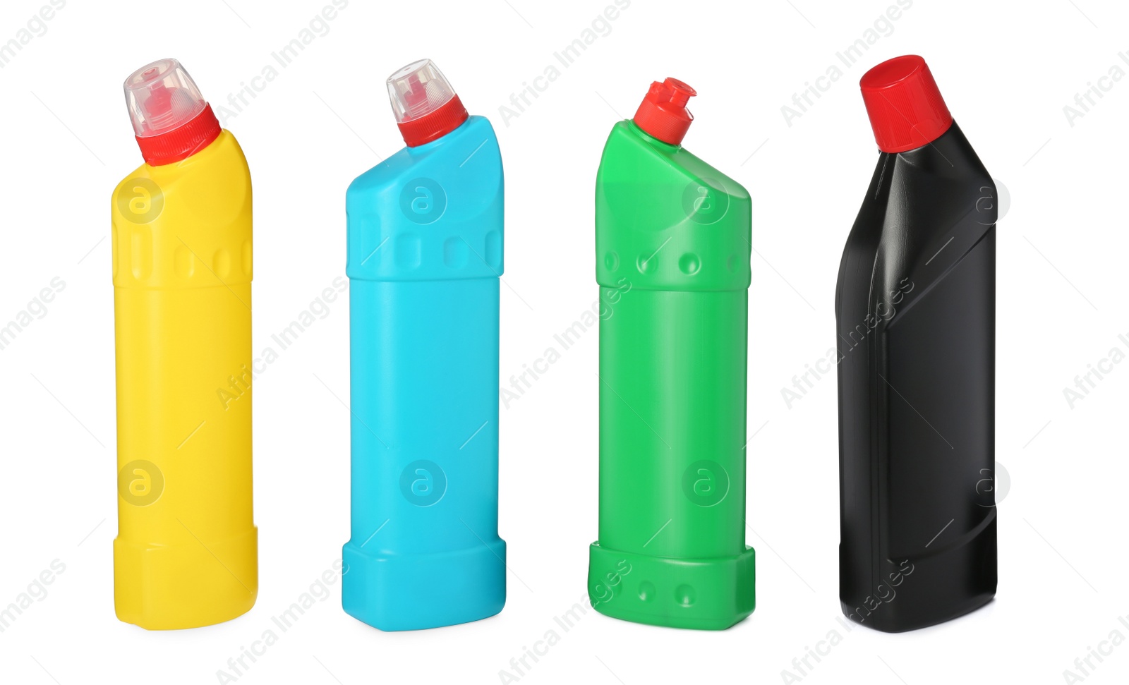 Image of Set with blank bottles of toilet cleaners bottles on white background