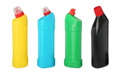 Image of Set with blank bottles of toilet cleaners bottles on white background