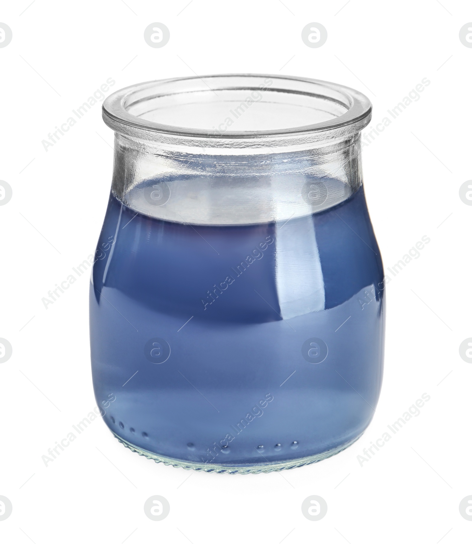 Photo of Tasty jelly dessert in glass jar on white background