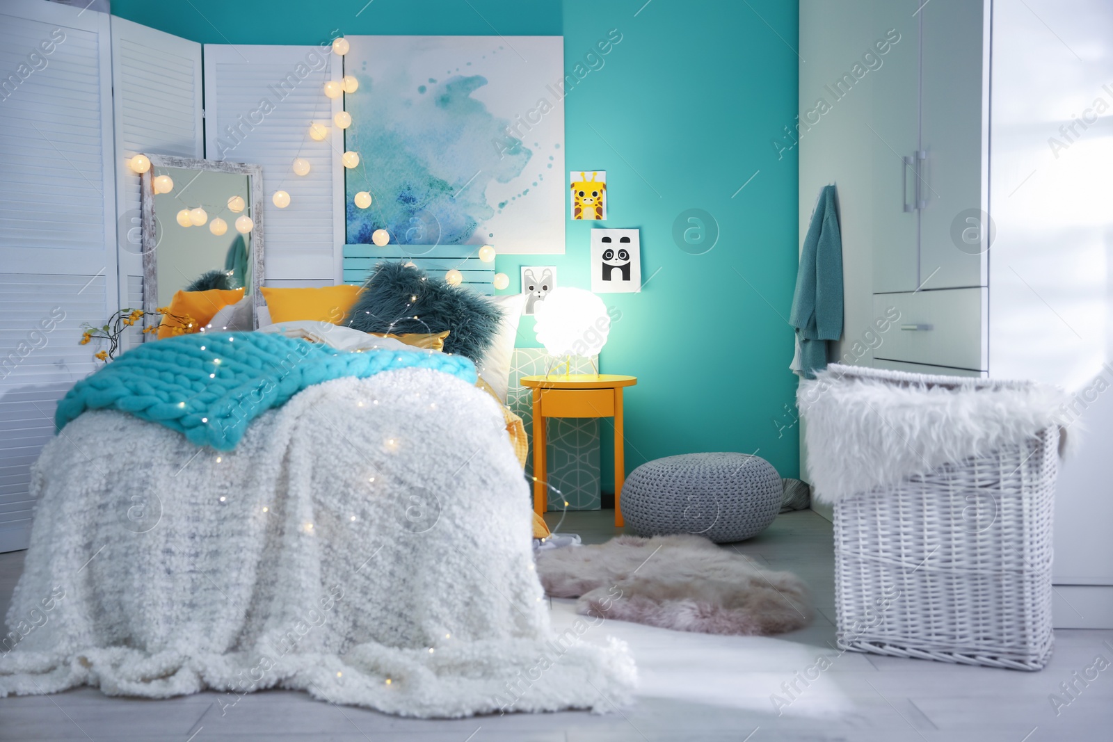 Photo of Cozy room interior with comfortable bed