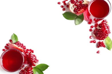 Photo of Glasses of pomegranate juice and fresh fruits on white background, top view with space for text