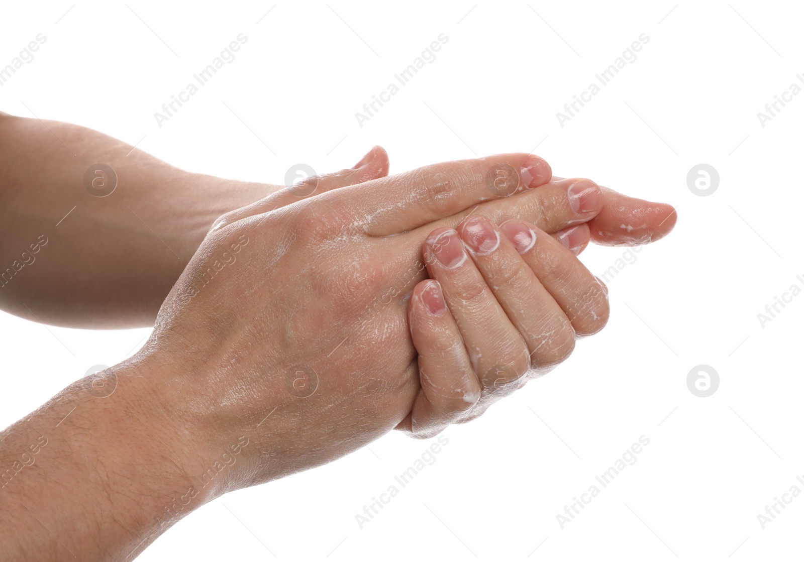 Photo of Man washing hands with soap on white background, closeup