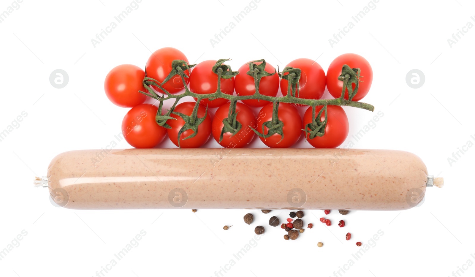 Photo of Delicious liverwurst with cherry tomatoes and spices on white background, top view