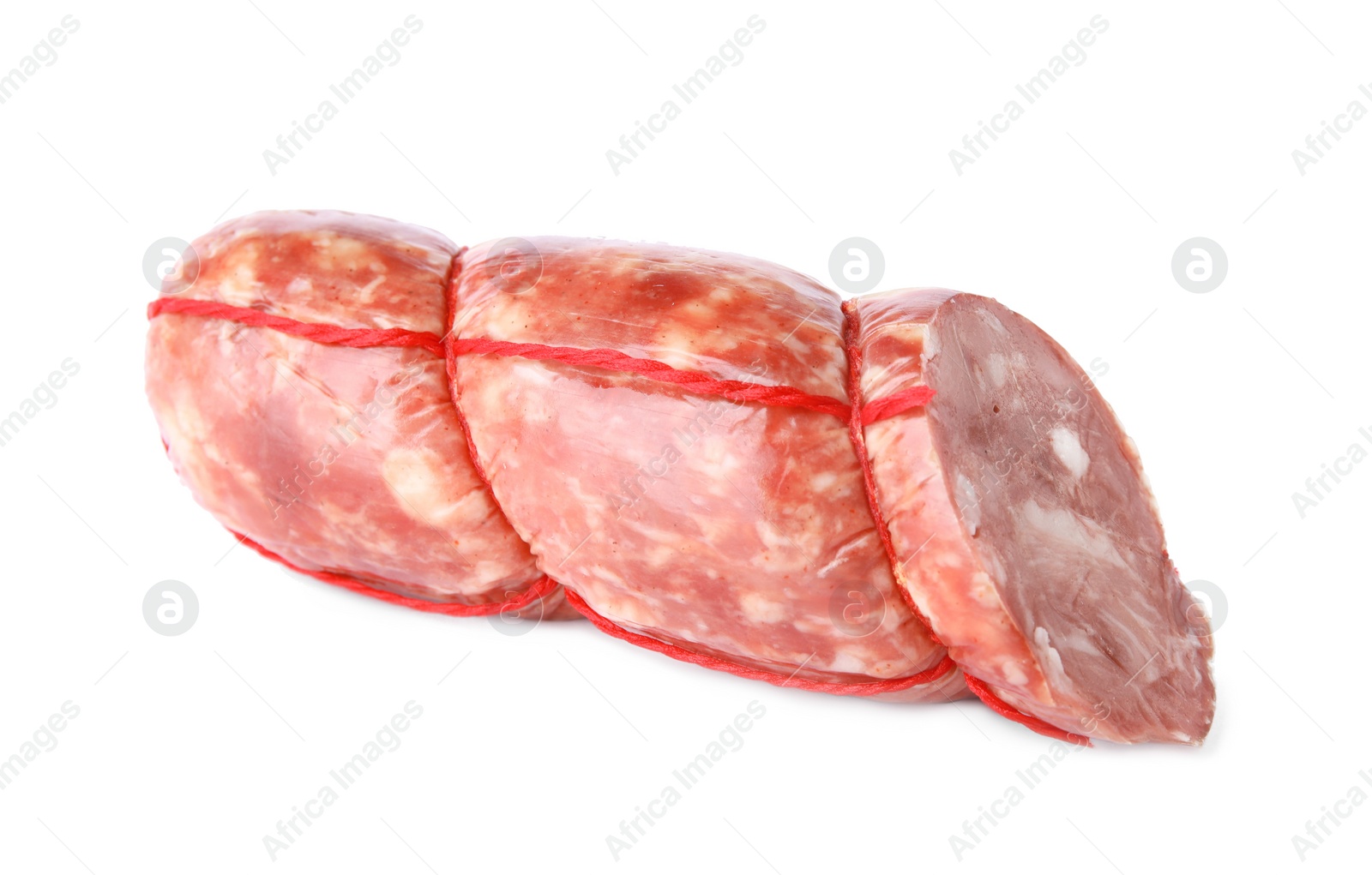 Photo of Delicious smoked sausage isolated on white. Fresh meat product