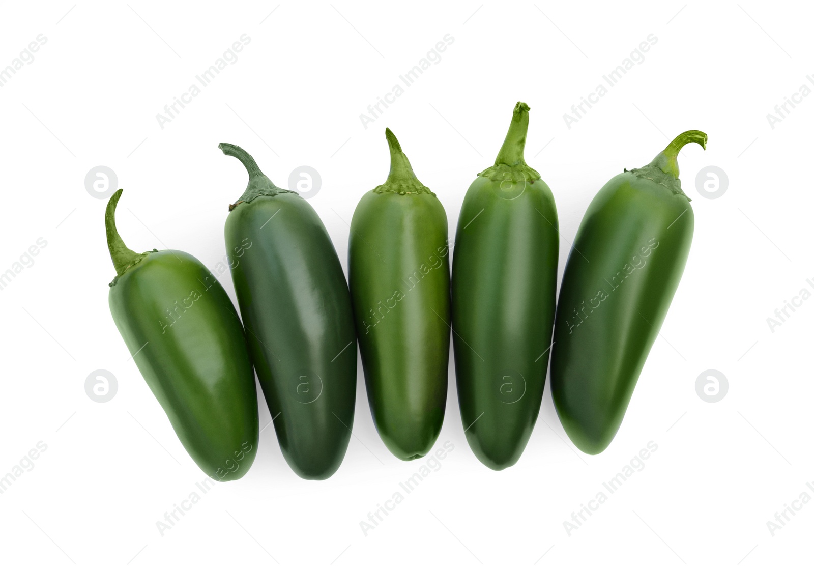 Photo of Green hot chili peppers isolated on white, top view