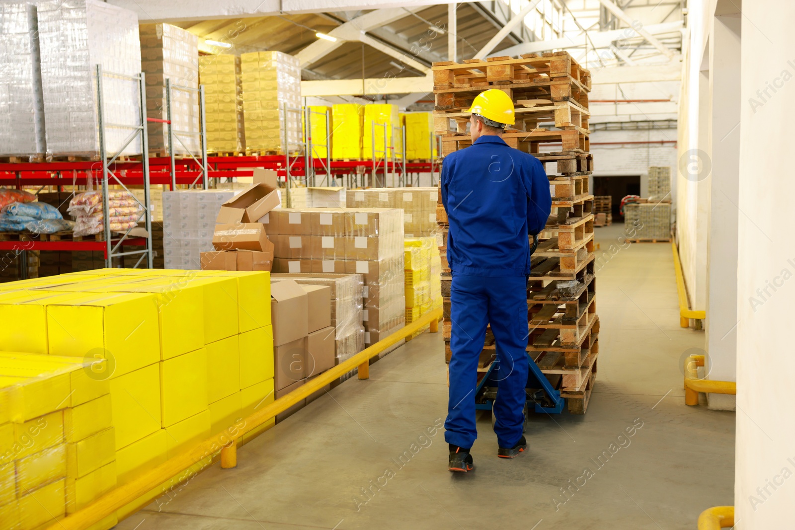 Image of Worker moving wooden pallets with manual forklift in warehouse, back view