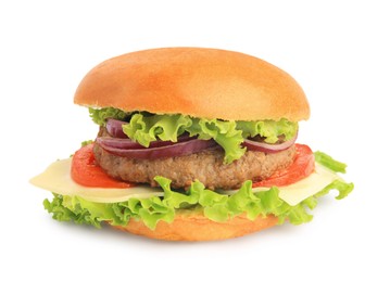 Photo of One tasty burger with vegetables, patty and cheese isolated on white