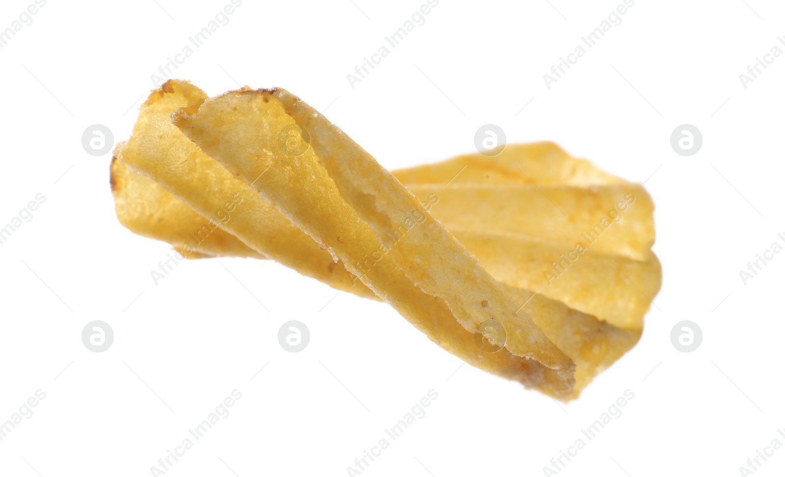 Photo of One tasty ridged potato chip isolated on white