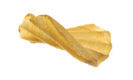 Photo of One tasty ridged potato chip isolated on white