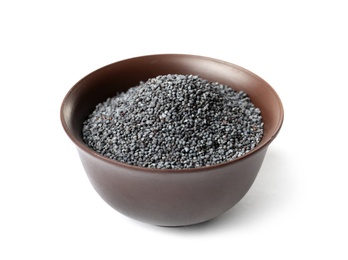 Photo of Raw poppy seeds in bowl on white background