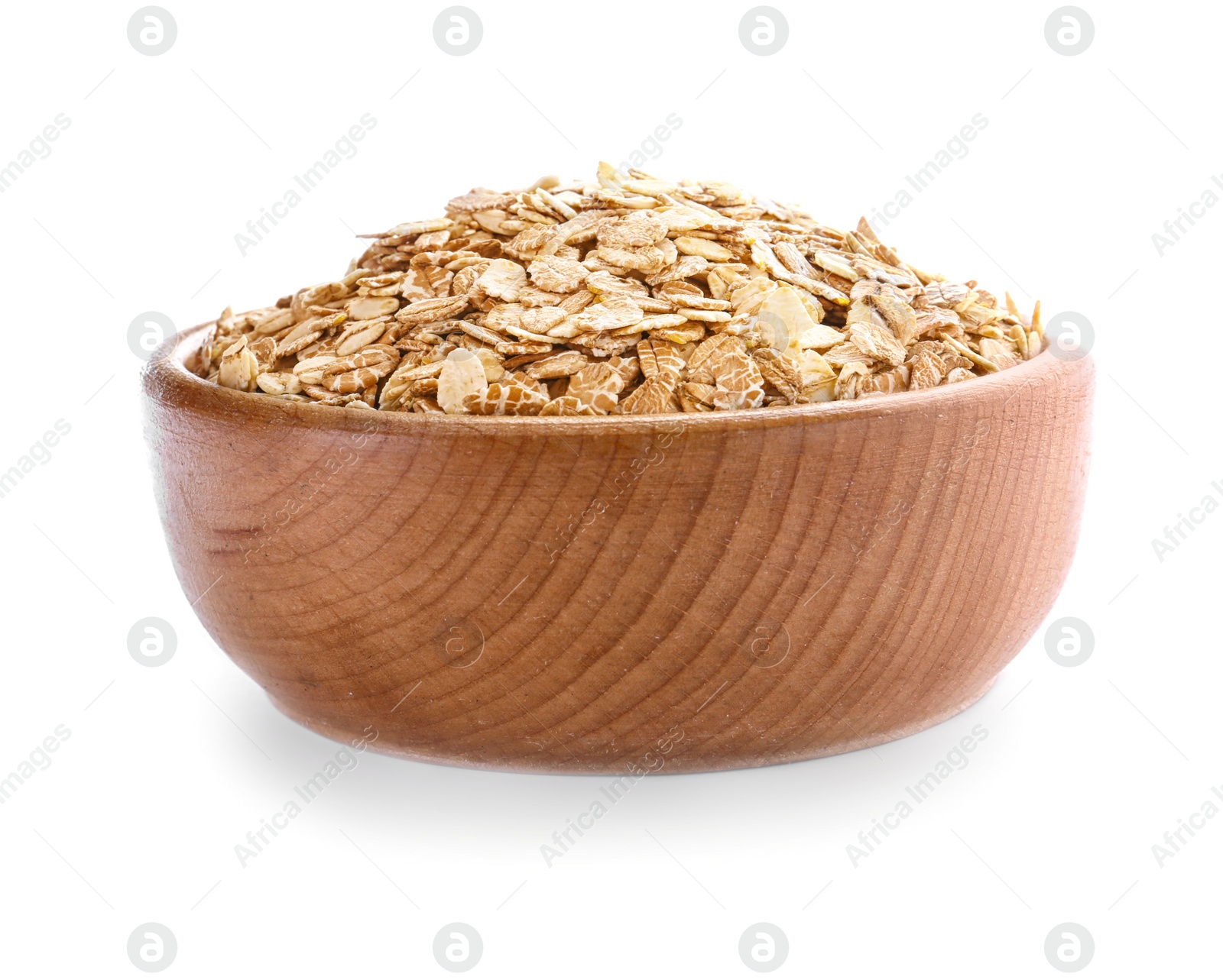 Photo of Bowl with raw oatmeal on white background. Healthy grains and cereals