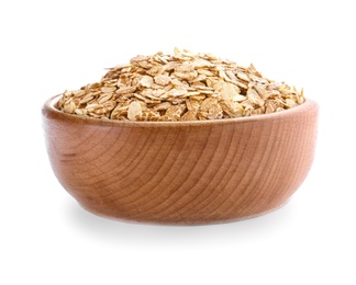 Photo of Bowl with raw oatmeal on white background. Healthy grains and cereals