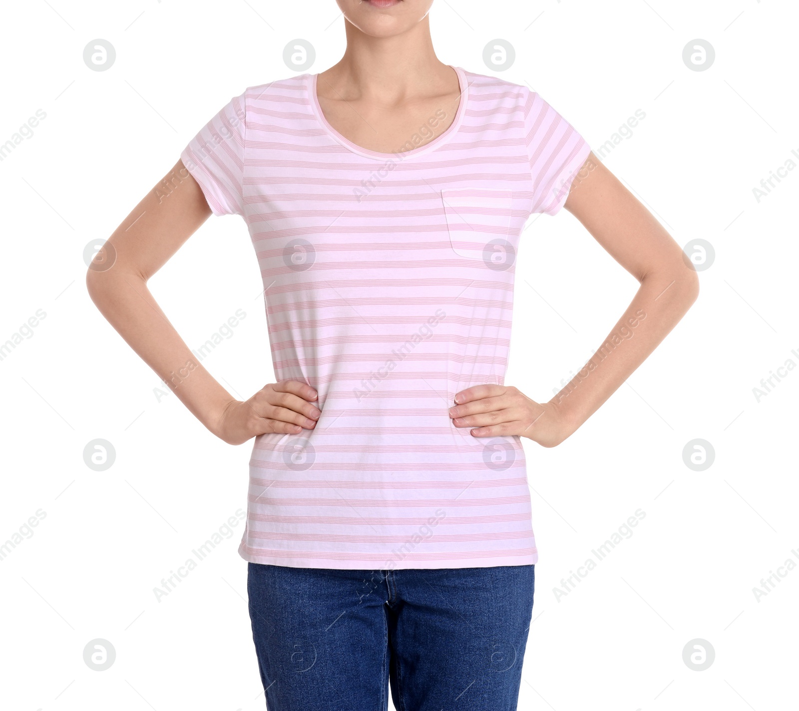 Photo of Young slim woman on white background, closeup. Weight loss