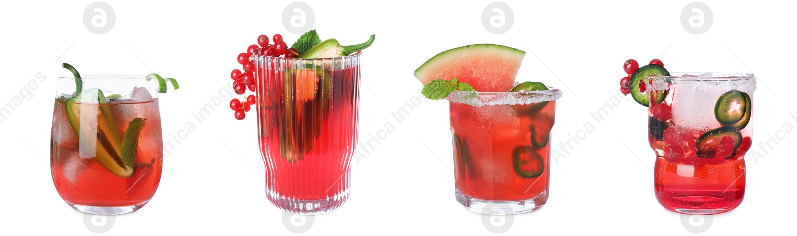 Image of Set of different spicy cocktails with jalapenos on white background. Banner design