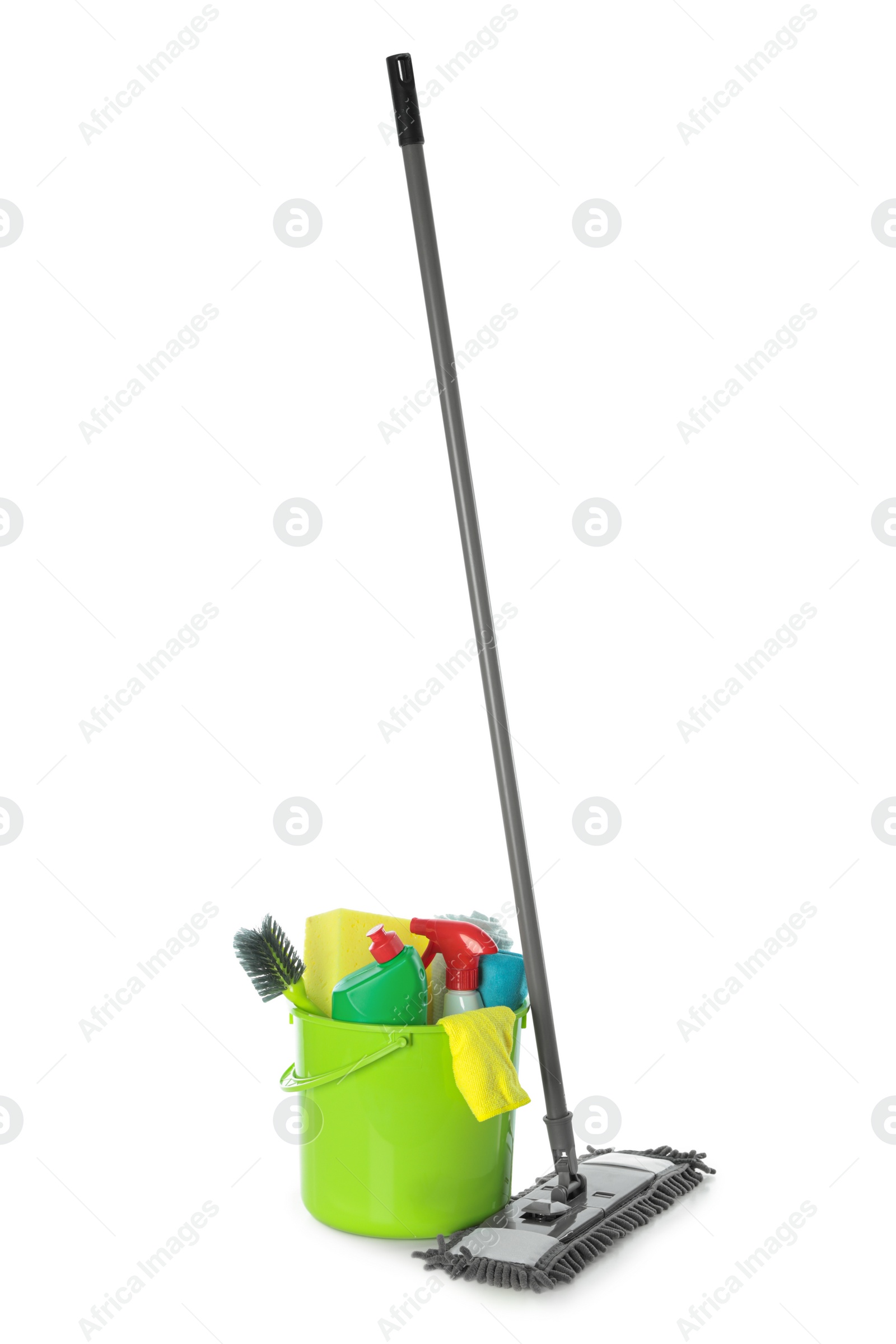 Photo of Mop and plastic bucket with different cleaning supplies on white background