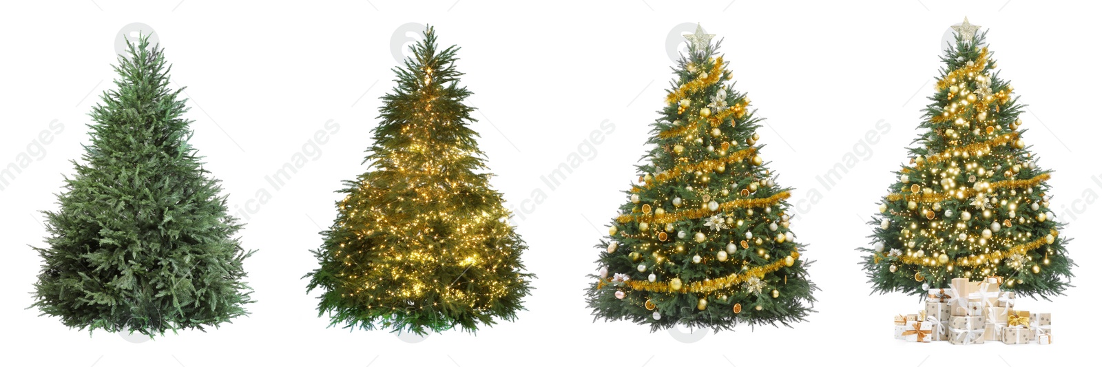 Image of Christmas tree isolated on white, step-by-step decorating