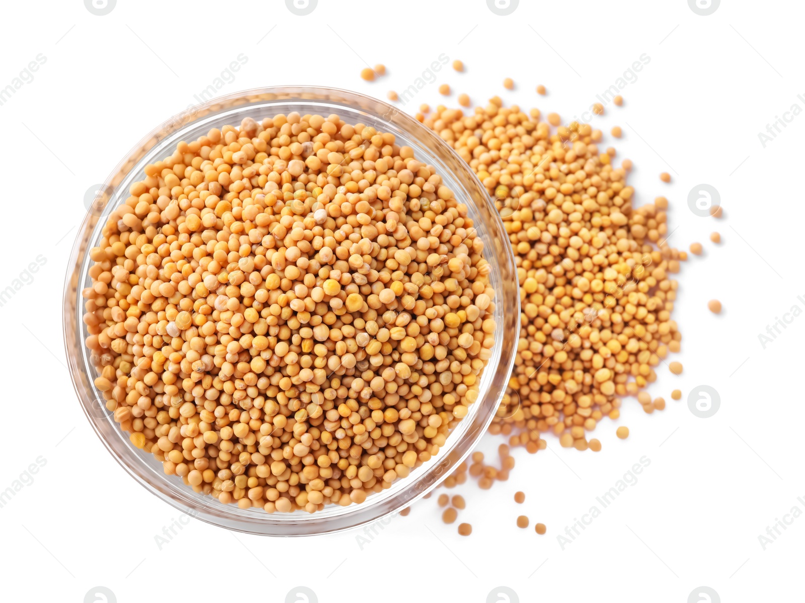 Photo of Mustard seeds with bowl isolated on white, top view