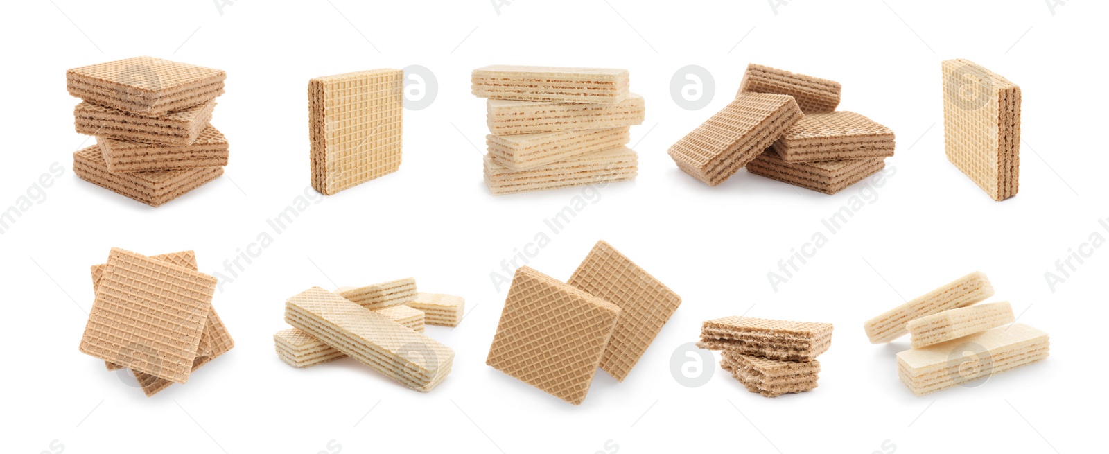 Image of Set of different delicious crispy wafers on white background, banner design. Sweet food