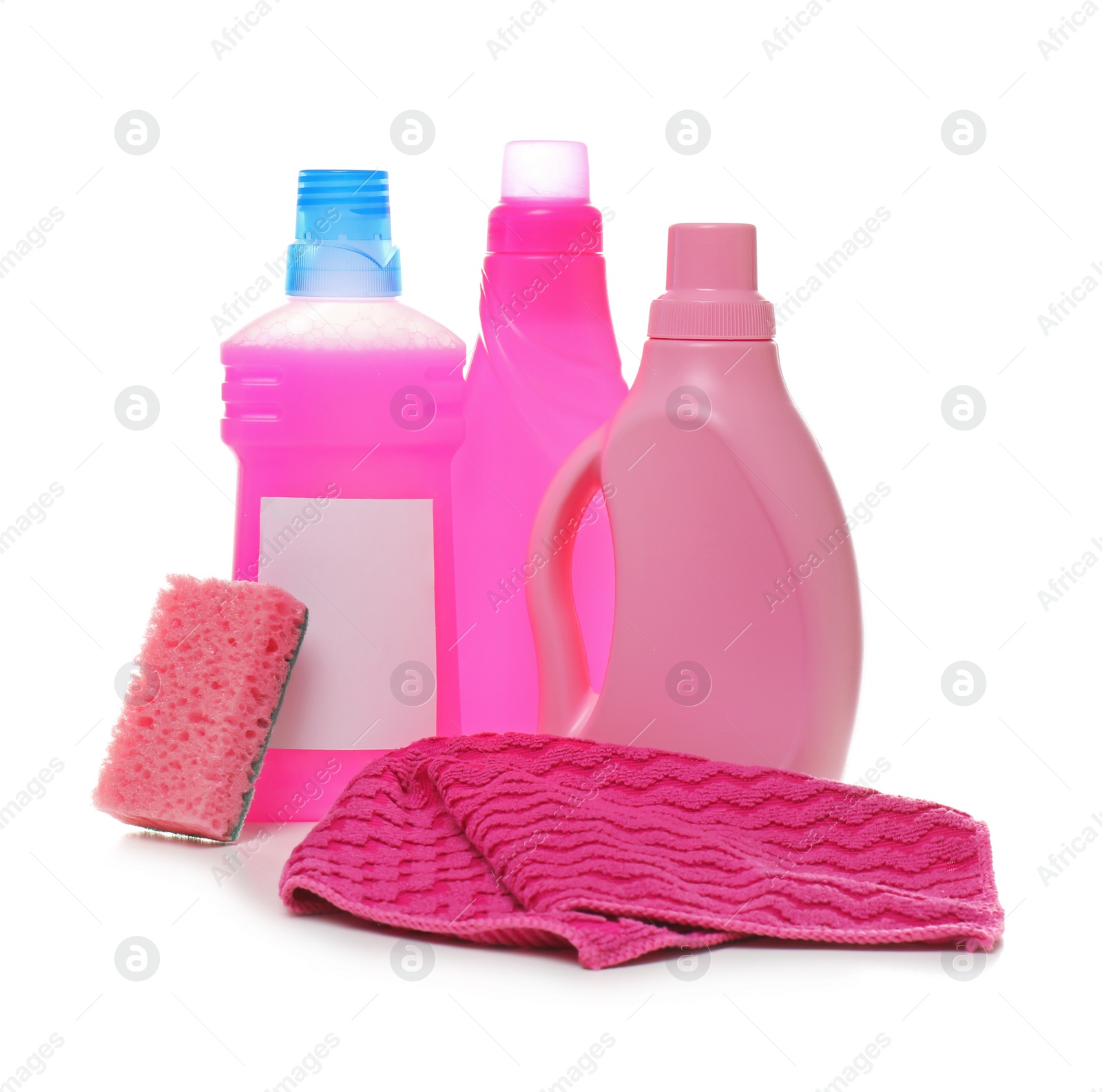 Photo of Different cleaning supplies on white background