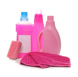 Photo of Different cleaning supplies on white background