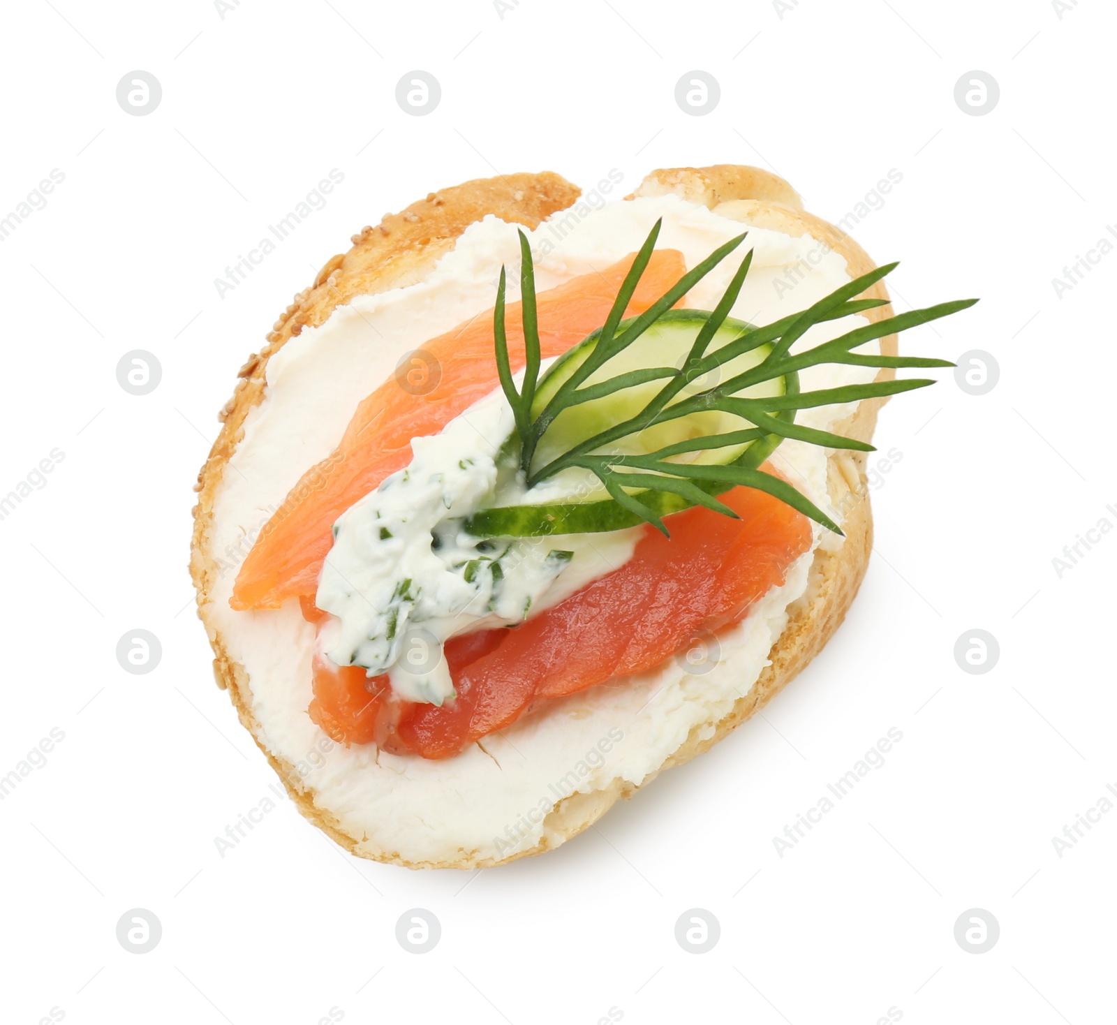 Photo of Tasty canape with salmon, cucumber, cream cheese and dill isolated on white, top view