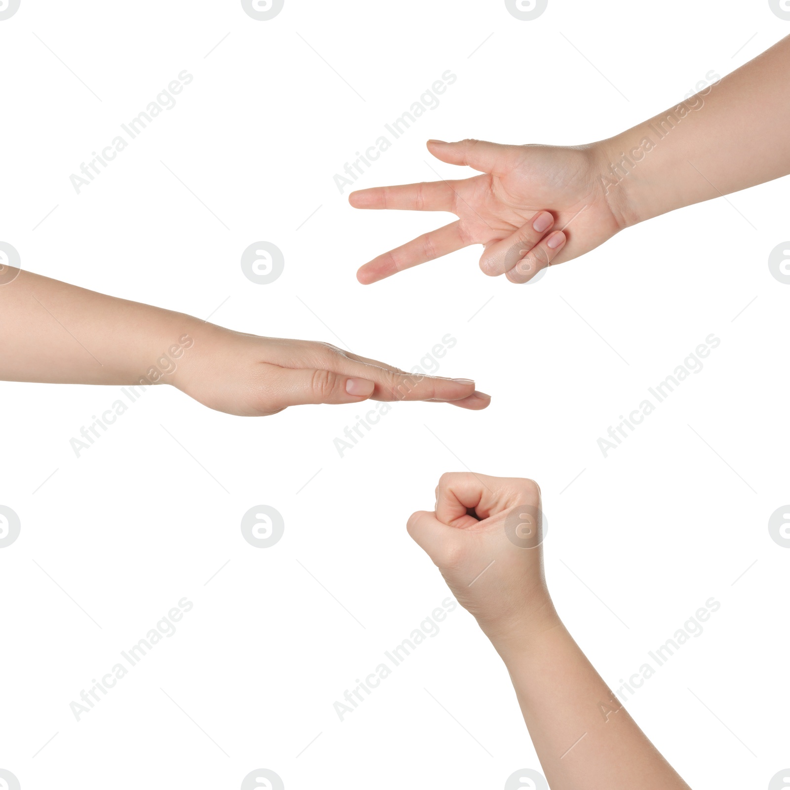 Image of People playing rock, paper and scissors on white background, top view