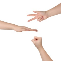 People playing rock, paper and scissors on white background, top view