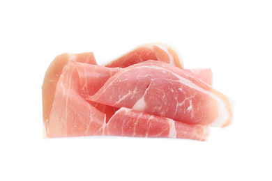 Photo of Tasty prosciutto on white background, top view