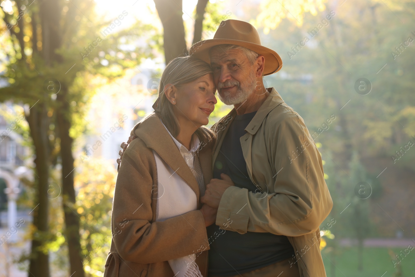 Photo of Portrait of affectionate senior couple in autumn park