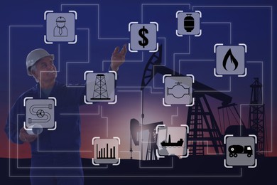 Image of Professional engineer, illustration of different icons and gas pumps silhouettes on background