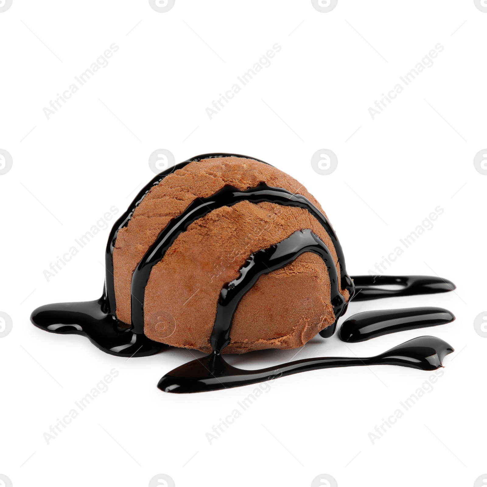 Photo of Scoop of chocolate ice cream with syrup isolated on white