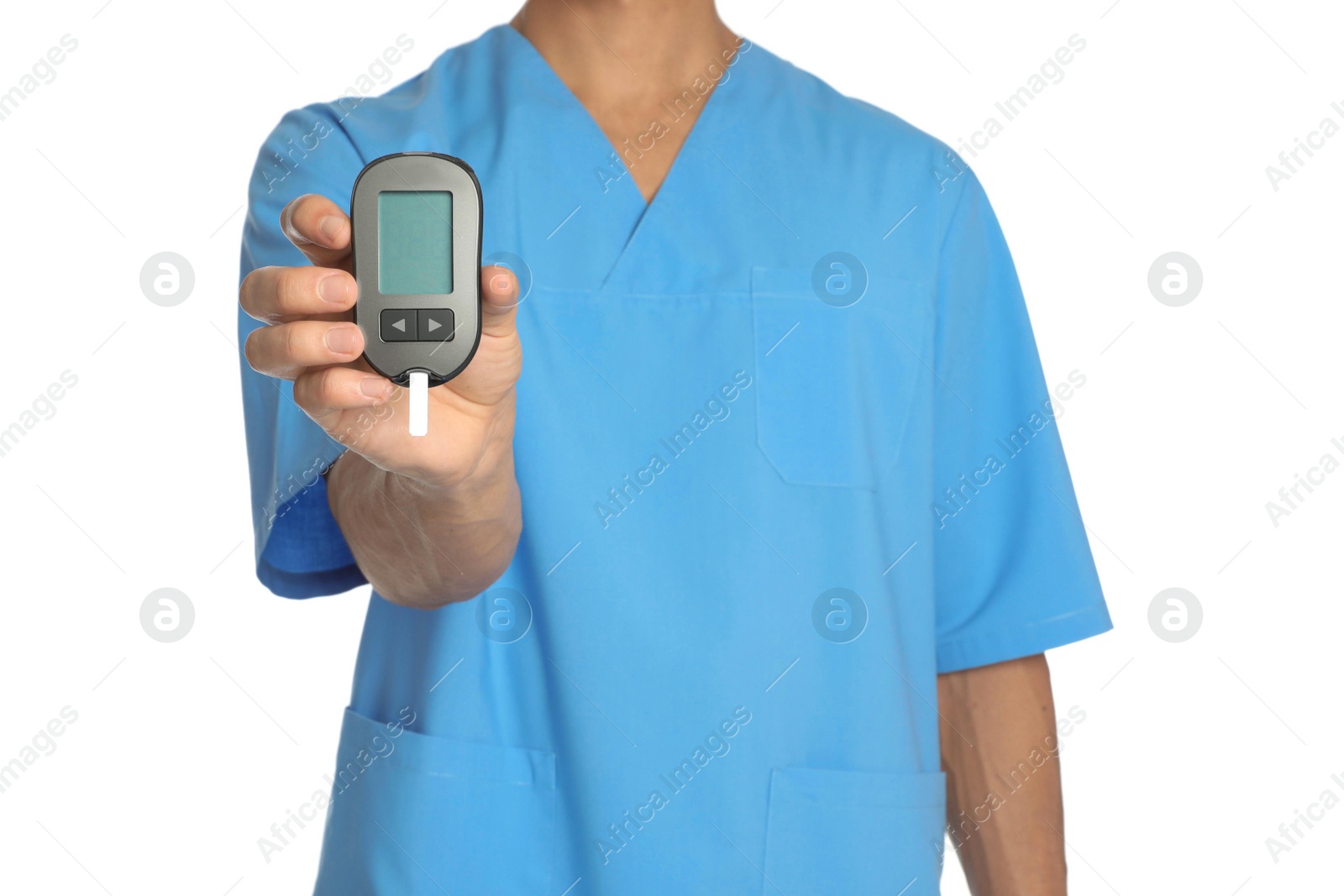 Photo of Male doctor holding glucose meter on white background, closeup. Medical object