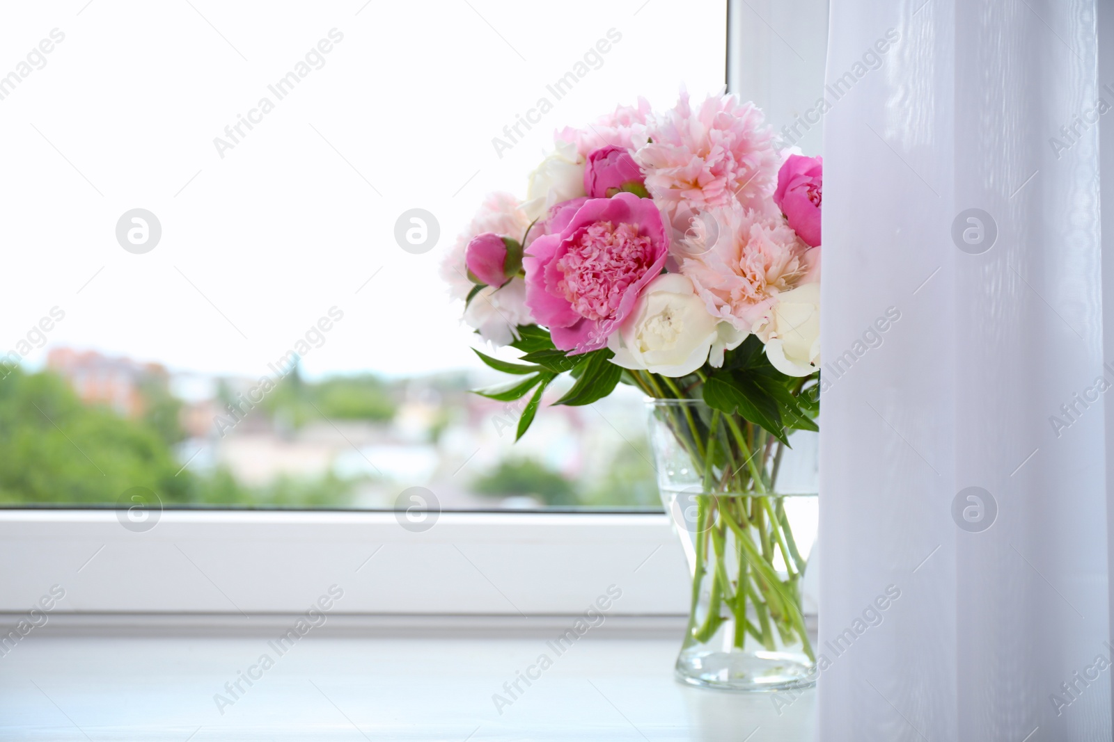 Photo of Beautiful peony bouquet in vase on windowsill indoors. Space for text