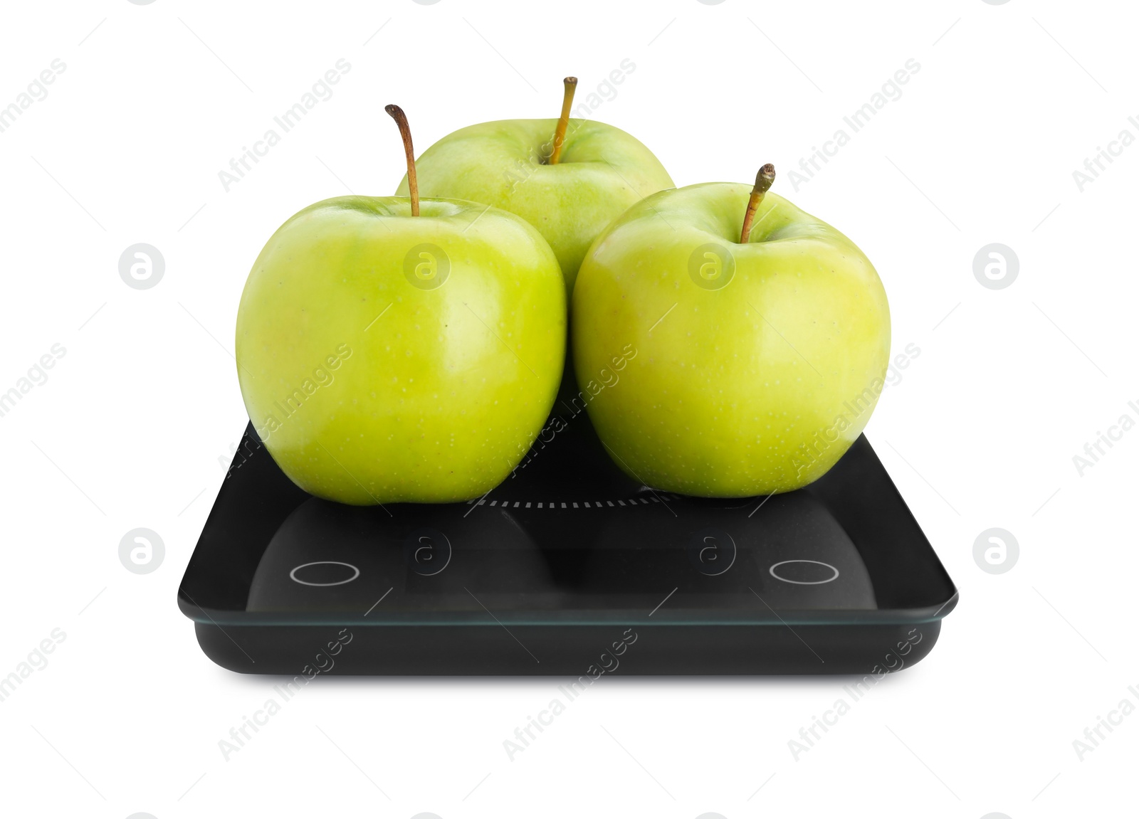 Photo of Electronic scales with ripe green apples on white background