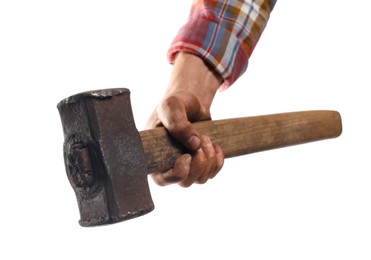 Man with sledgehammer on white background, closeup