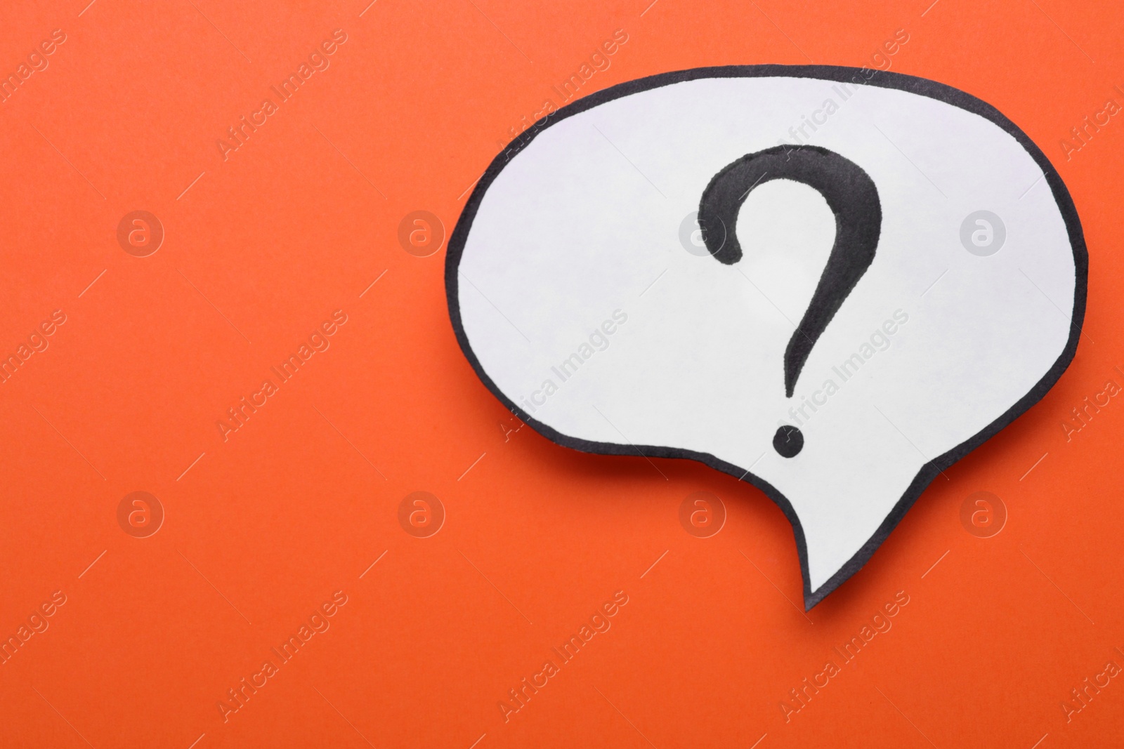 Photo of Paper speech bubble with question mark on orange background, top view. Space for text