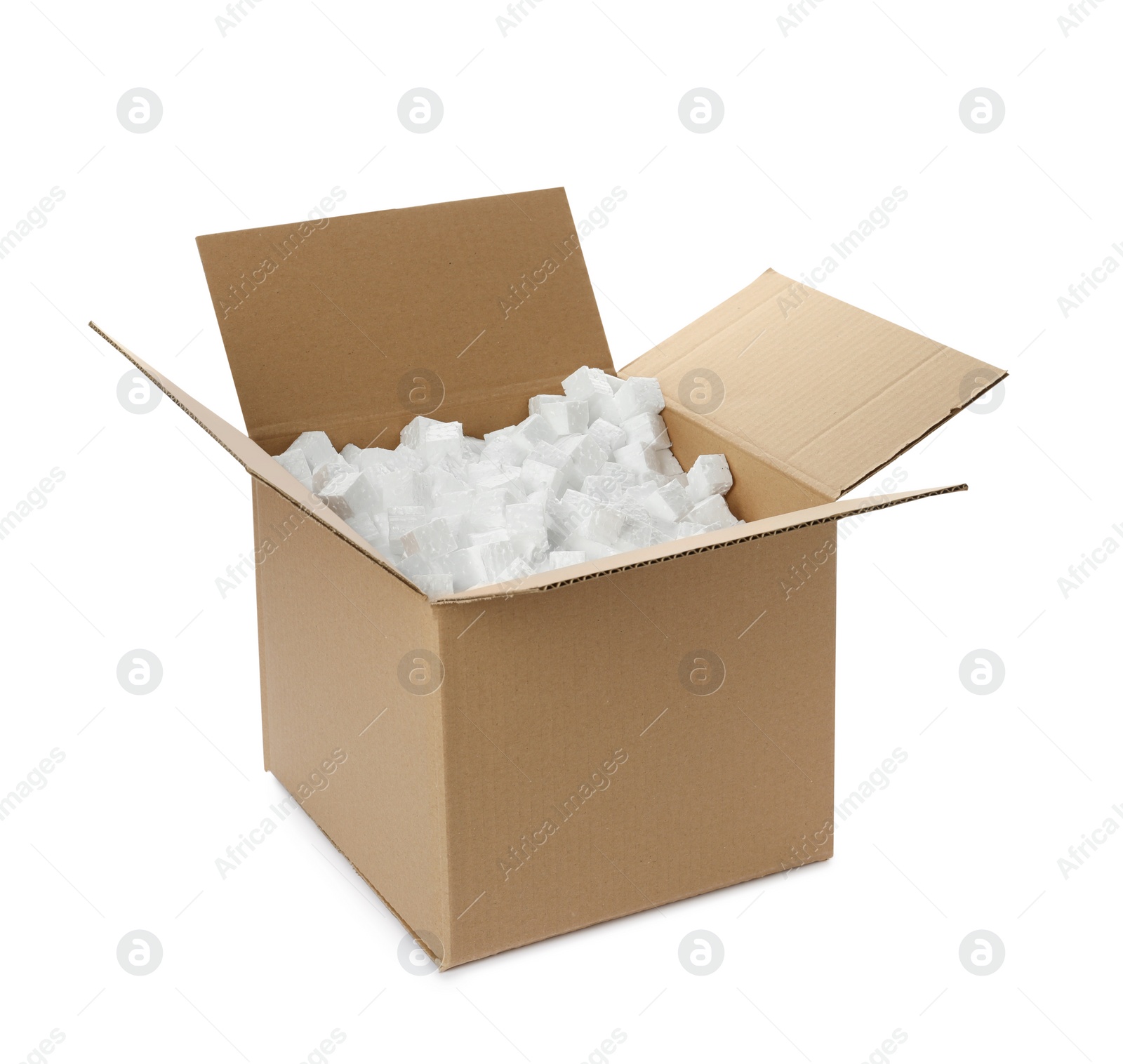 Photo of Cardboard box with styrofoam cubes isolated on white