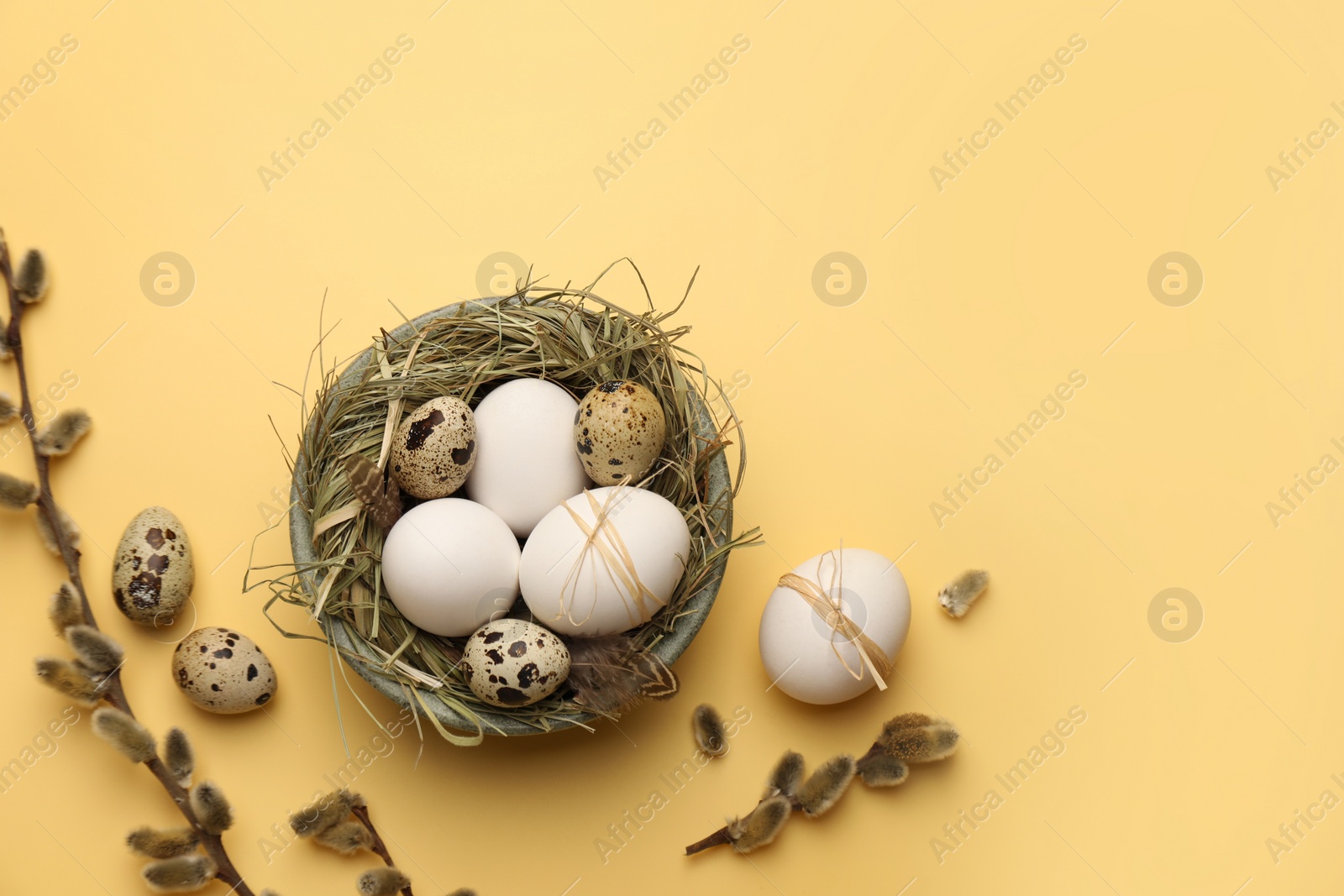 Photo of Happy Easter. Nest with different eggs and fluffy willow branches on yellow background, flat lay. Space for text