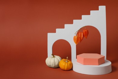 Photo of Autumn presentation for product. Geometric figures, pumpkins and physalis on brown background, space for text