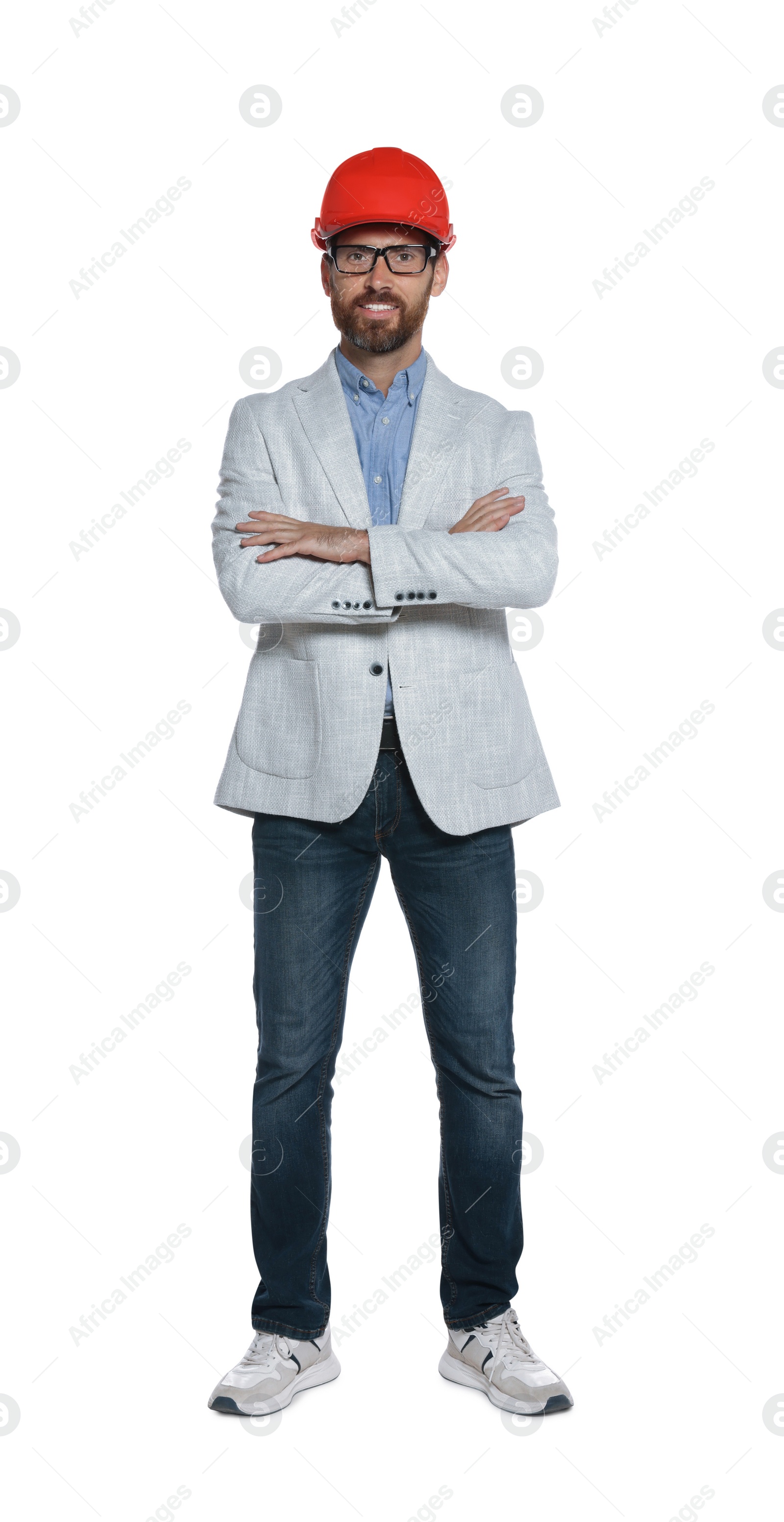 Photo of Professional engineer in hard hat isolated on white