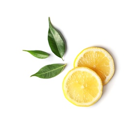 Flat lay composition with lemon slices and leaves on white background