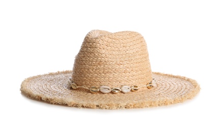 Stylish hat isolated on white. Beach accessory