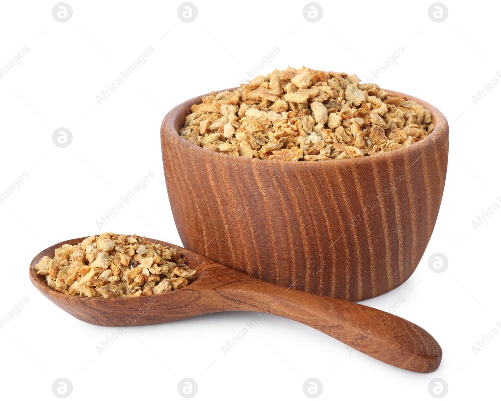 Photo of Bowl and spoon with dried orange zest seasoning isolated on white